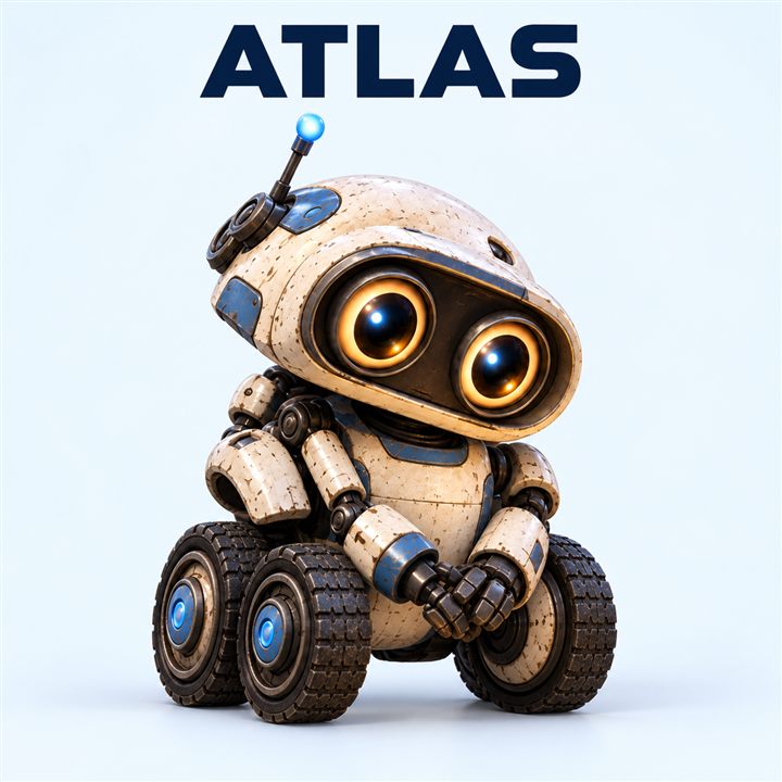 Atlas, the friendly VETRA researcher, on a clean pale-blue background with the name ATLAS above the head