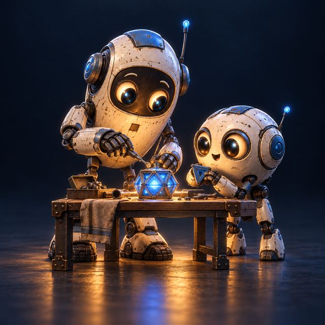 Kite and Echo assembling a glowing blue device at a workbench
