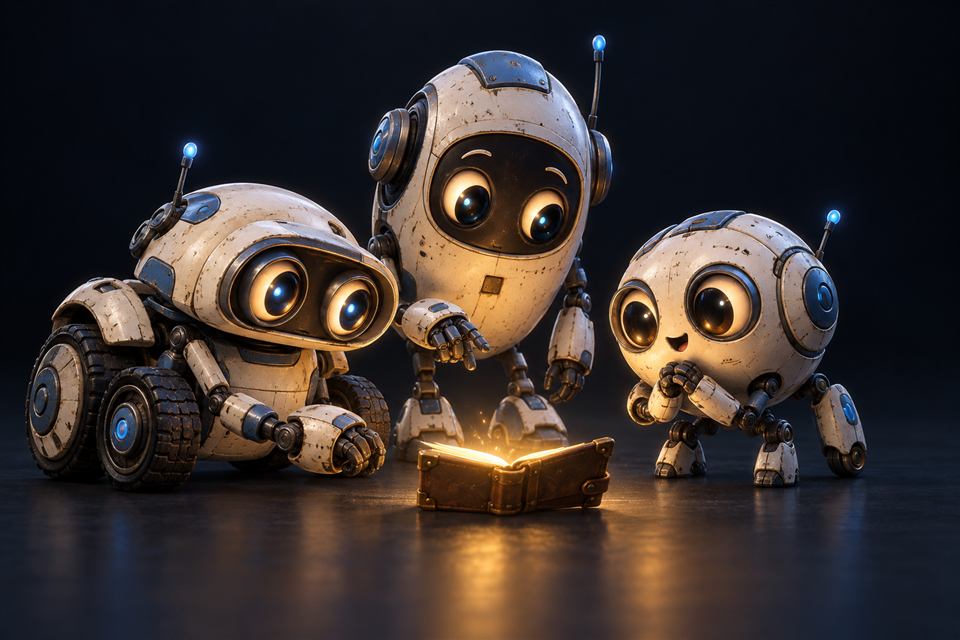 Three friendly explorer robots with expressive eyes collaborating around a glowing notebook